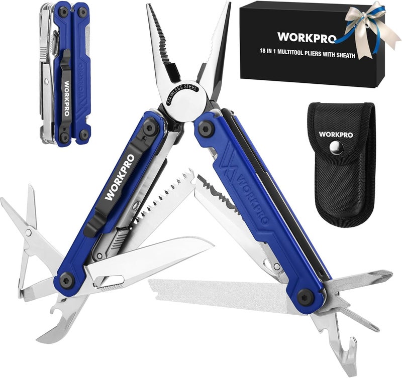 WORKPRO 18-in-1 Multi Tool Pliers, Gifts for Dad, Stainless Steel EDC Multitool with Pocket Knife, 2 Safety Locks, Belt Clip and Oxford Pouch, Multipurpose Utility Multiuse Tool for Outdoor Activities - Image 1